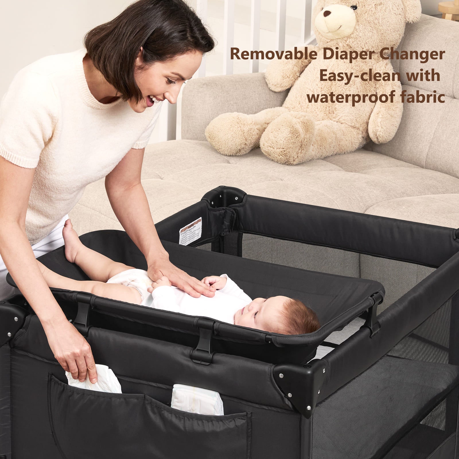 One-Push Setup Baby Bassinet & Pack and Play - Bedside Crib with Diaper Changer BN11