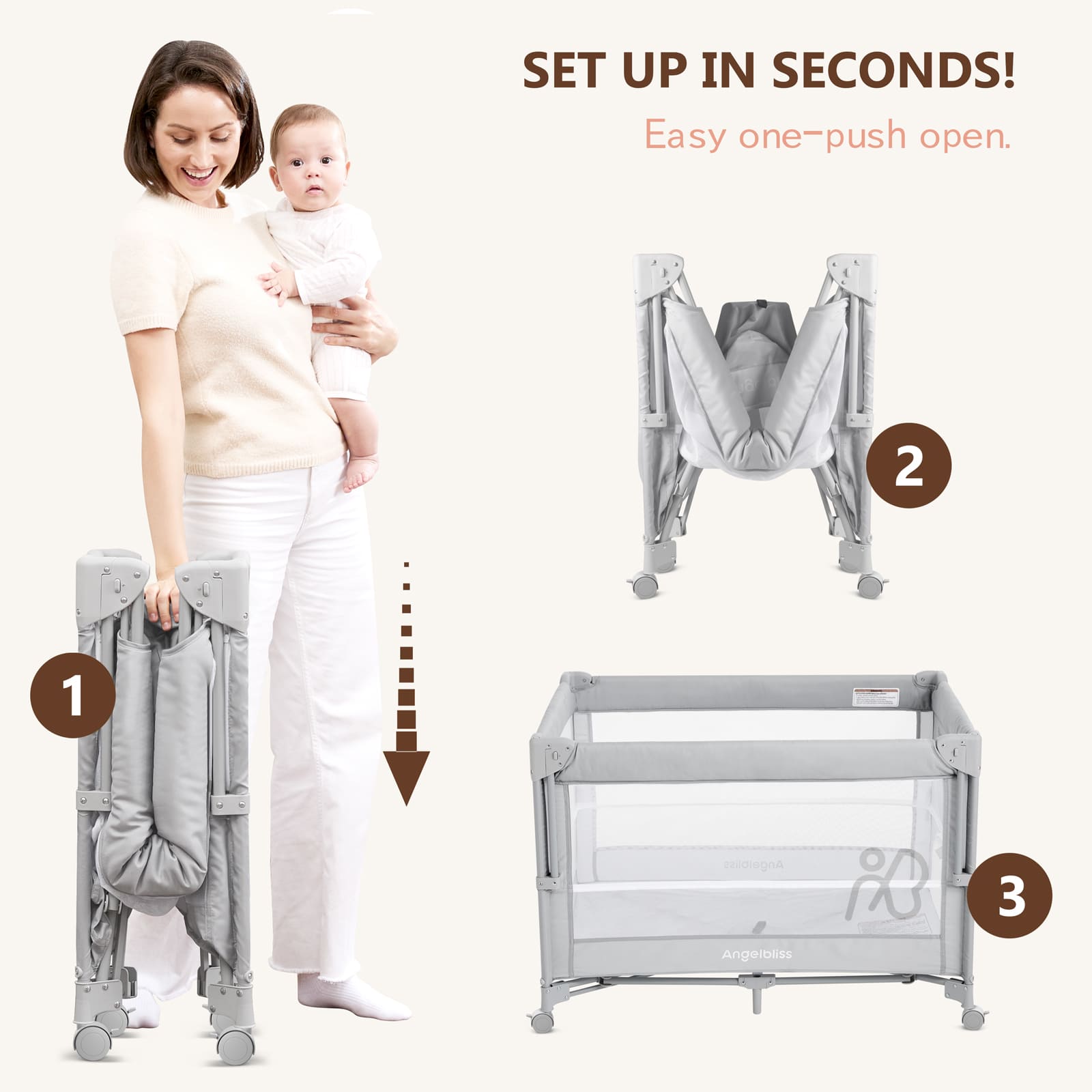 One-Push Setup Baby Bassinet & Pack and Play - Bedside Crib with Diaper Changer BN11