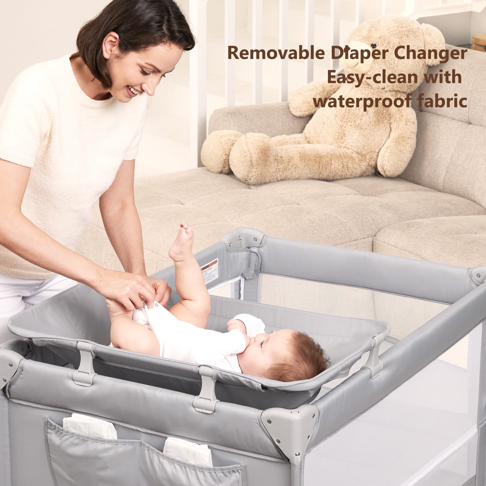 One-Push Setup Baby Bassinet & Pack and Play - Bedside Crib with Diaper Changer BN11
