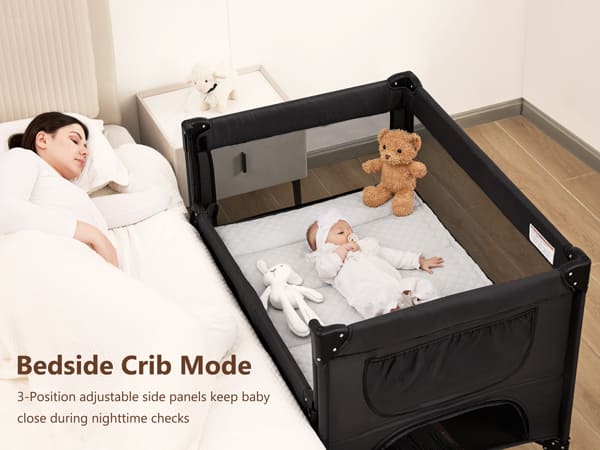 Angelbliss One-Push Setup Baby Bassinet Pack and Play - Bedside Crib with Diaper Changer BN11 Black Bedside Crib Mode