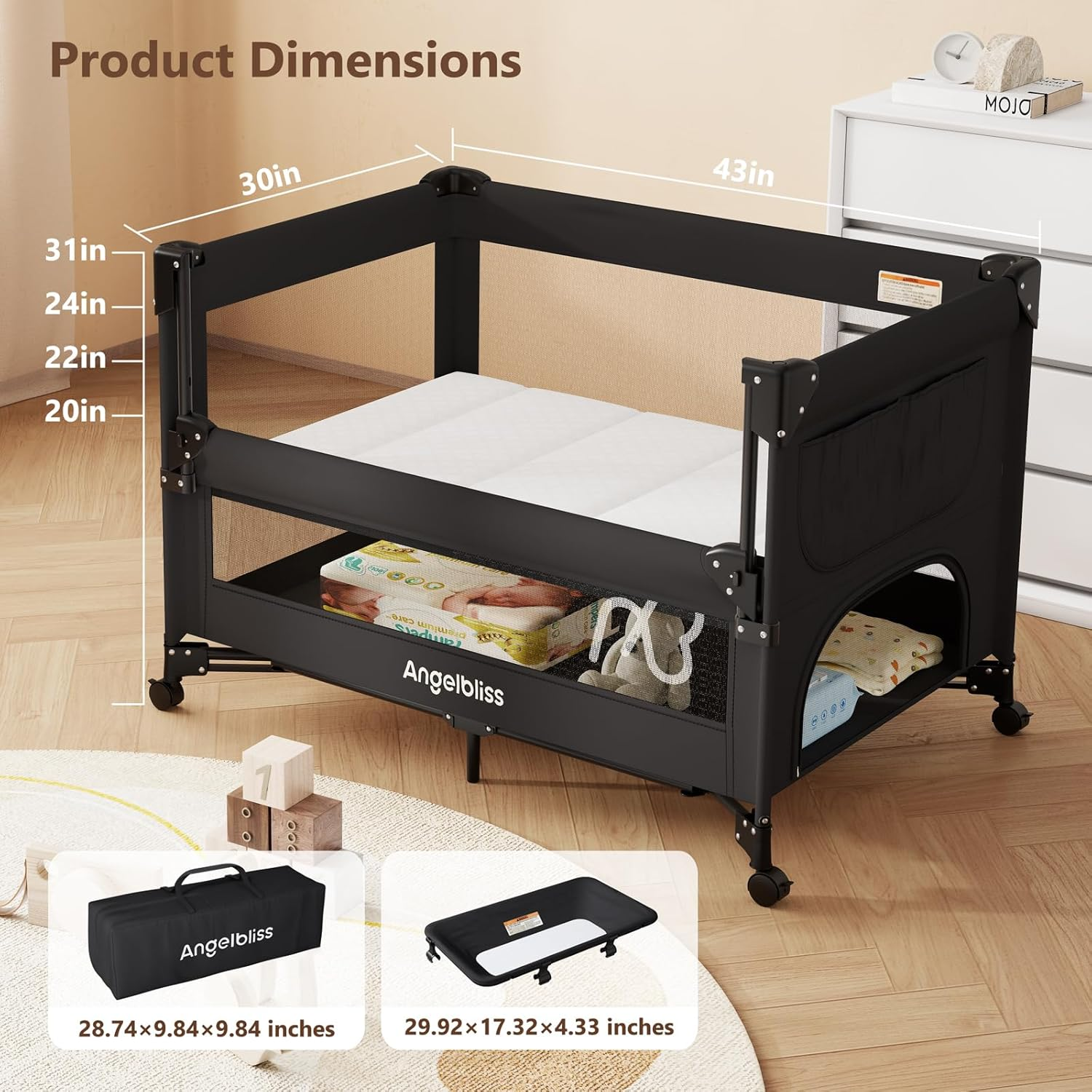 One-Push Setup Baby Bassinet & Pack and Play - Bedside Crib with Diaper Changer BN11
