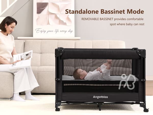 Angelbliss One-Push Setup Baby Bassinet Pack and Play - Bedside Crib with Diaper Changer BN11 Black