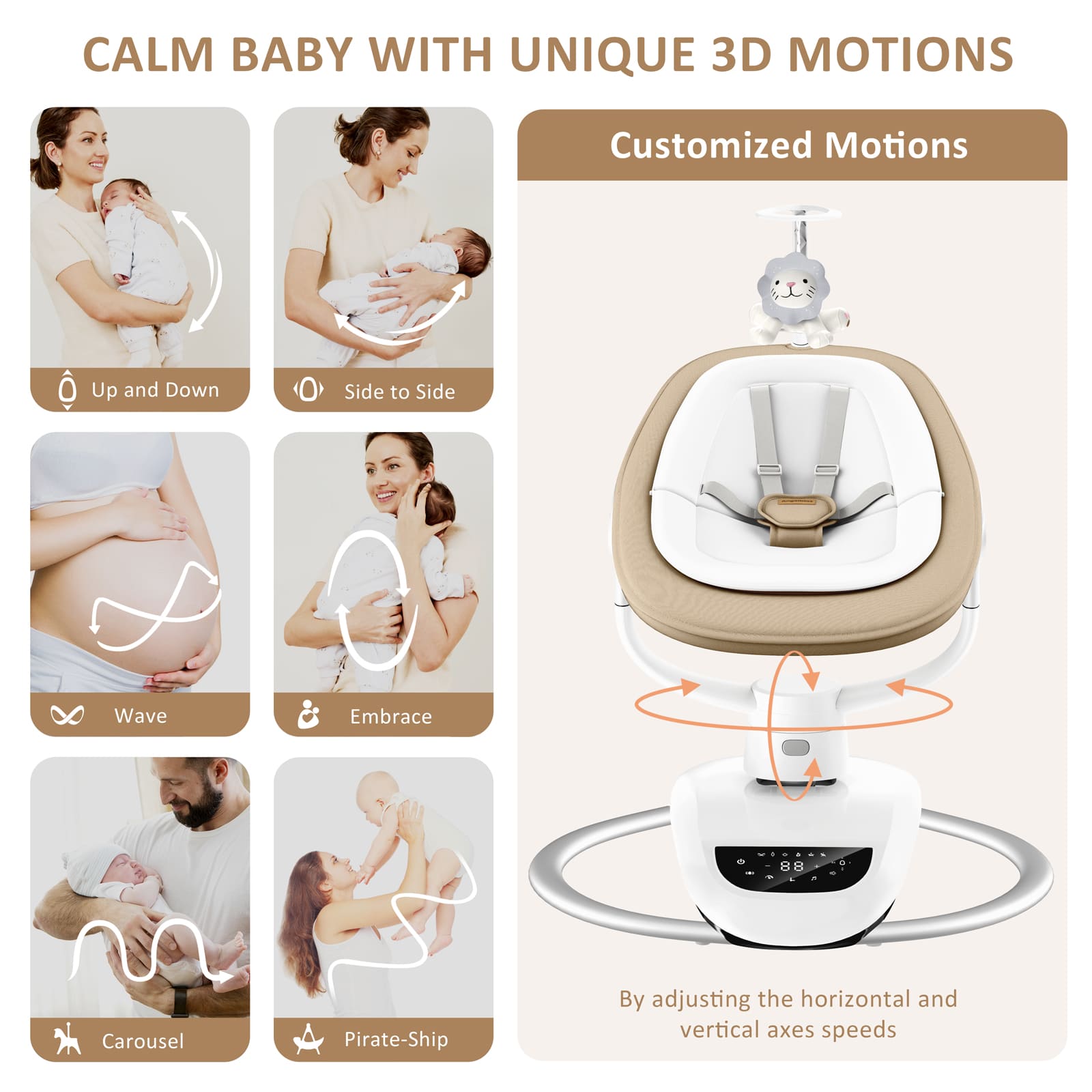 Angelbliss Baby Swing: 6 Unique 3D Motions, Bluetooth App, 13 Lullabies - Electric Infant Swing BS03 Khaki