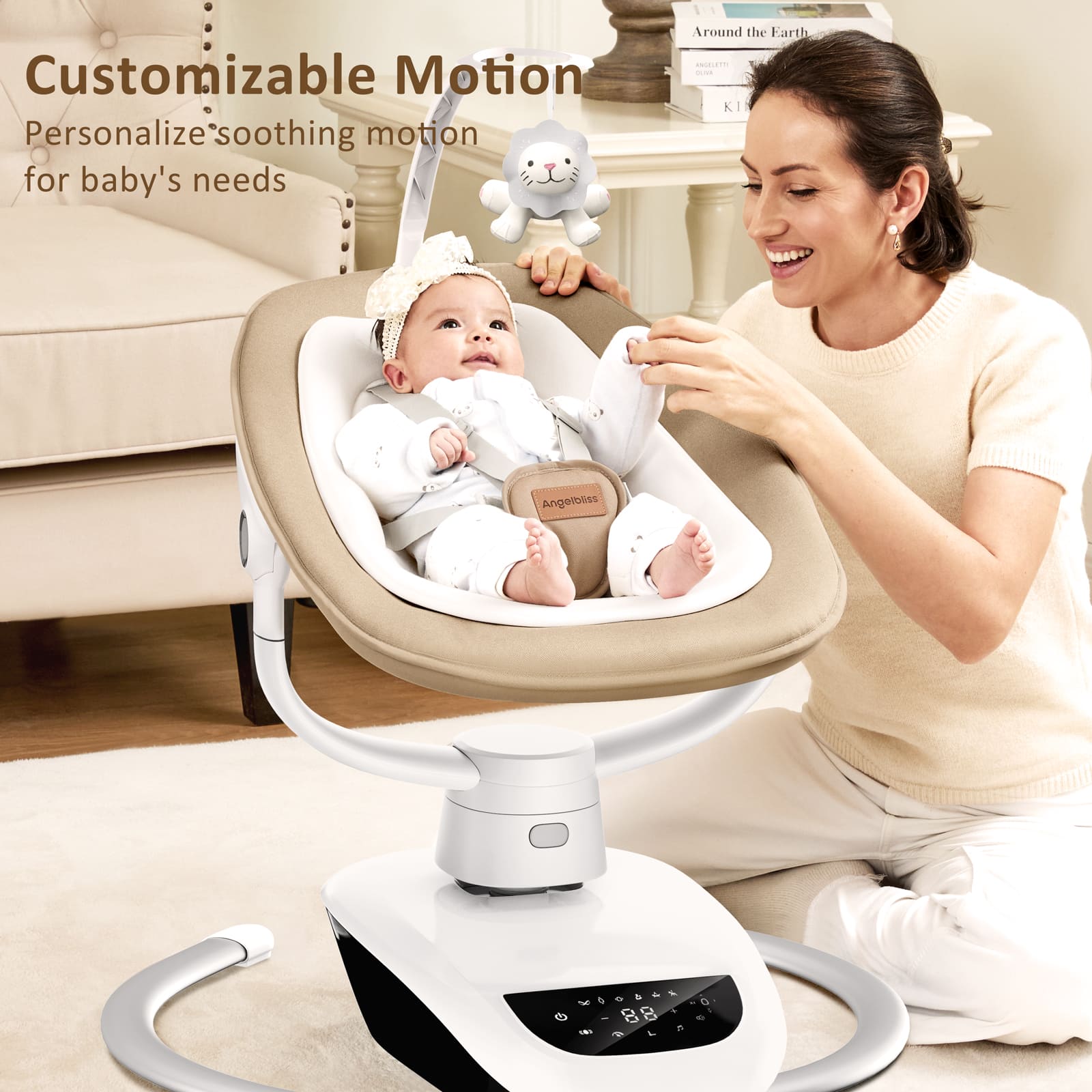 Angelbliss Baby Swing: 6 Unique 3D Motions, Bluetooth App, 13 Lullabies - Electric Infant Swing BS03 Khaki