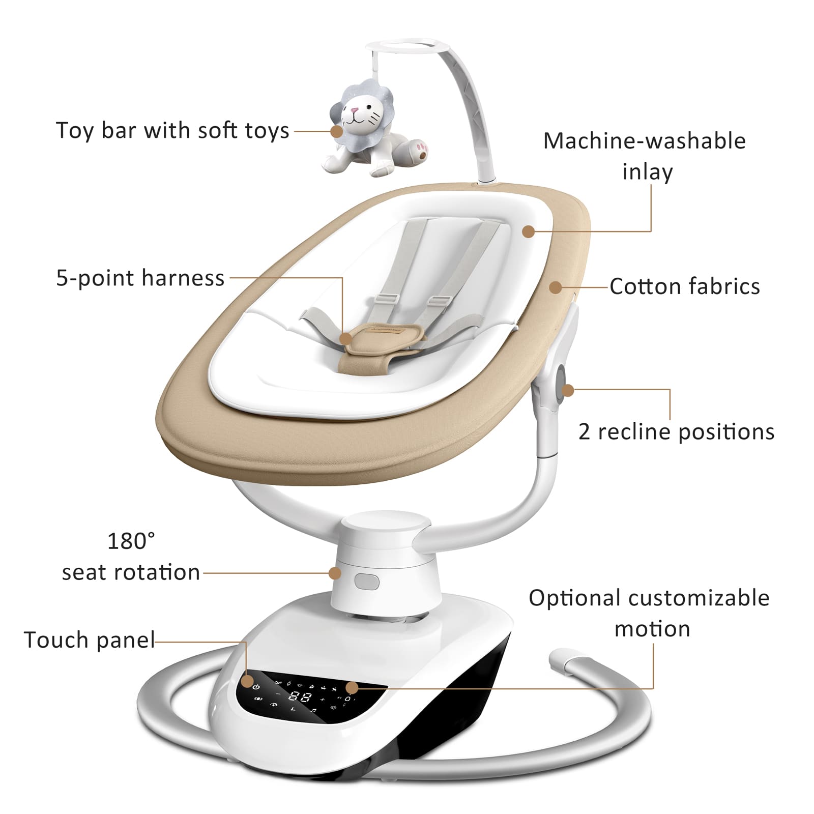 Angelbliss Baby Swing: 6 Unique 3D Motions, Bluetooth App, 13 Lullabies - Electric Infant Swing BS03 Khaki