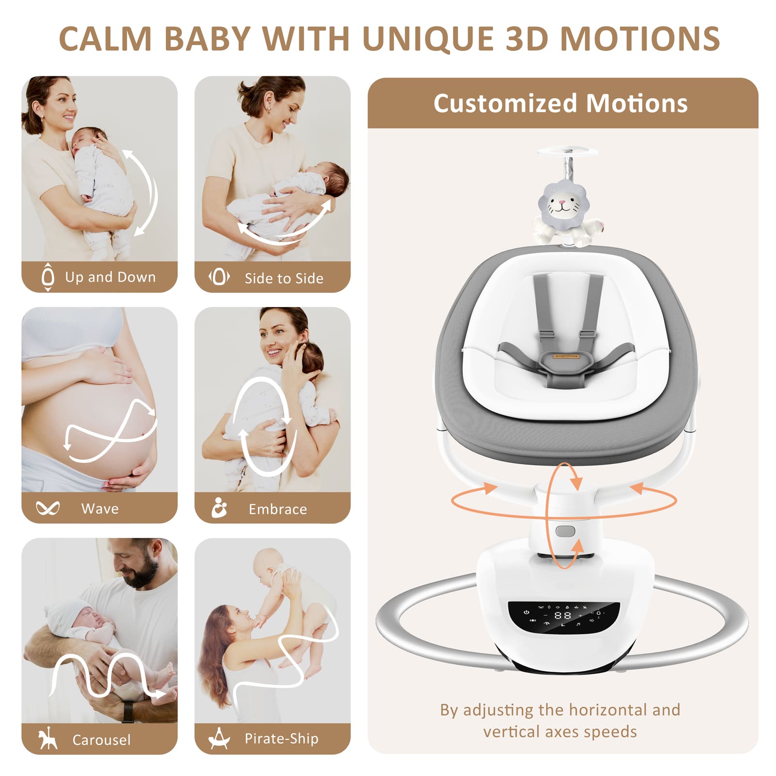 Angelbliss Baby Swing: 6 Unique 3D Motions, Bluetooth App, 13 Lullabies - Electric Infant Swing BS03 Grey
