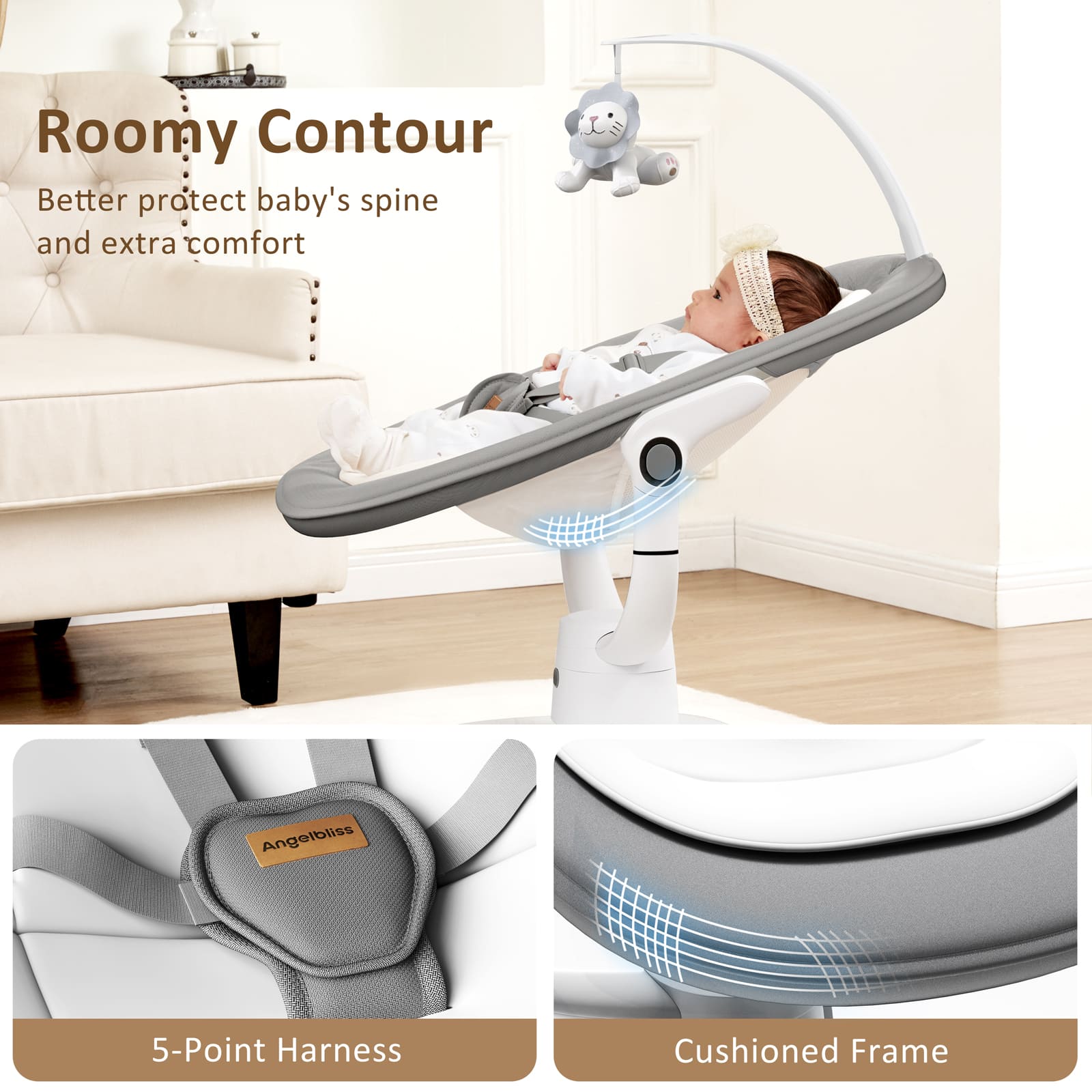 Angelbliss Baby Swing: 6 Unique 3D Motions, Bluetooth App, 13 Lullabies - Electric Infant Swing BS03 Grey