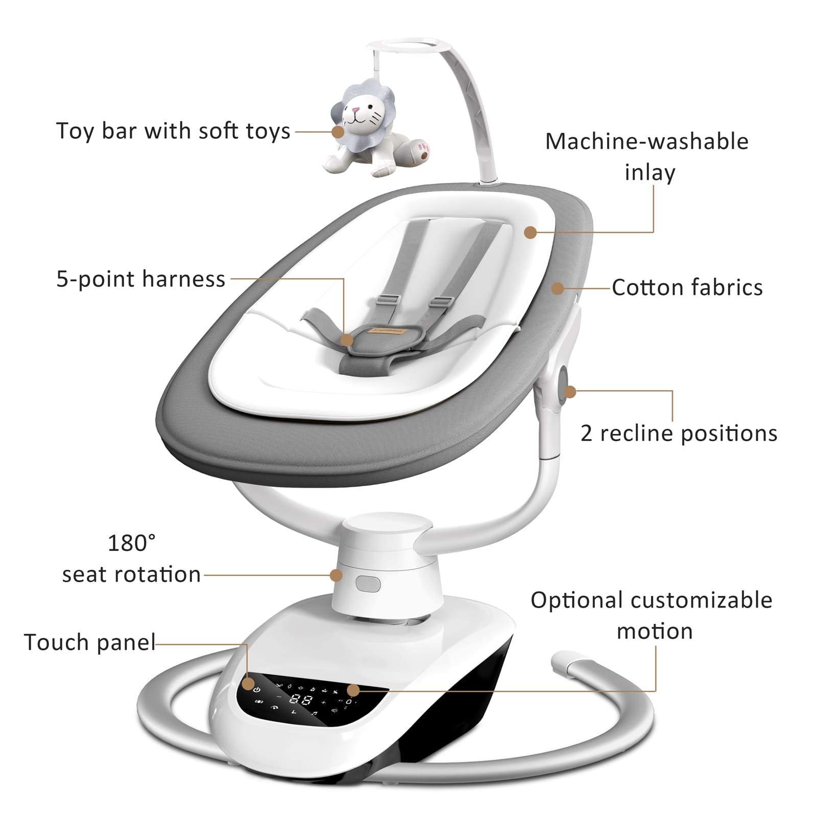 Angelbliss Baby Swing: 6 Unique 3D Motions, Bluetooth App, 13 Lullabies - Electric Infant Swing BS03 Grey