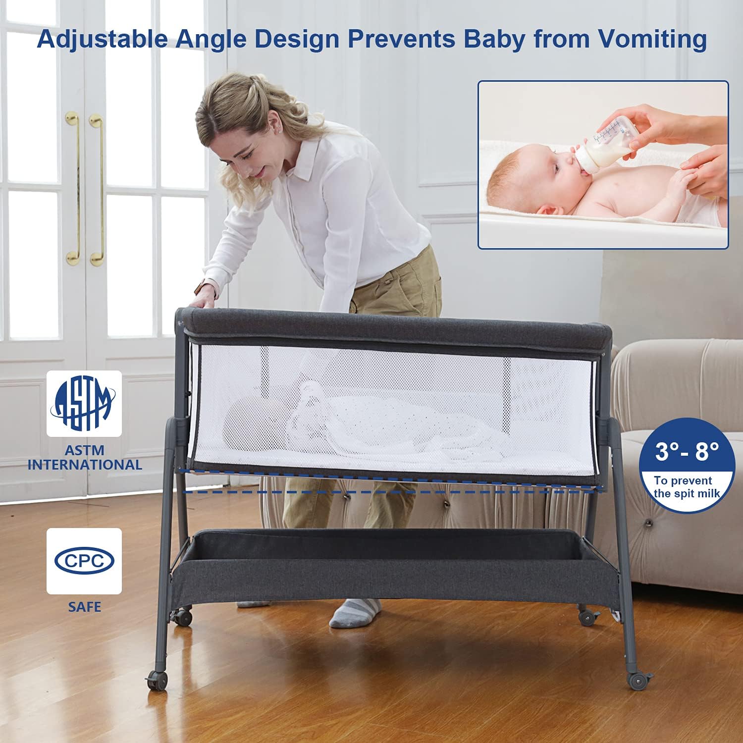 Baby Bedside Portable Bassinet BN06 grey adjustable angle design