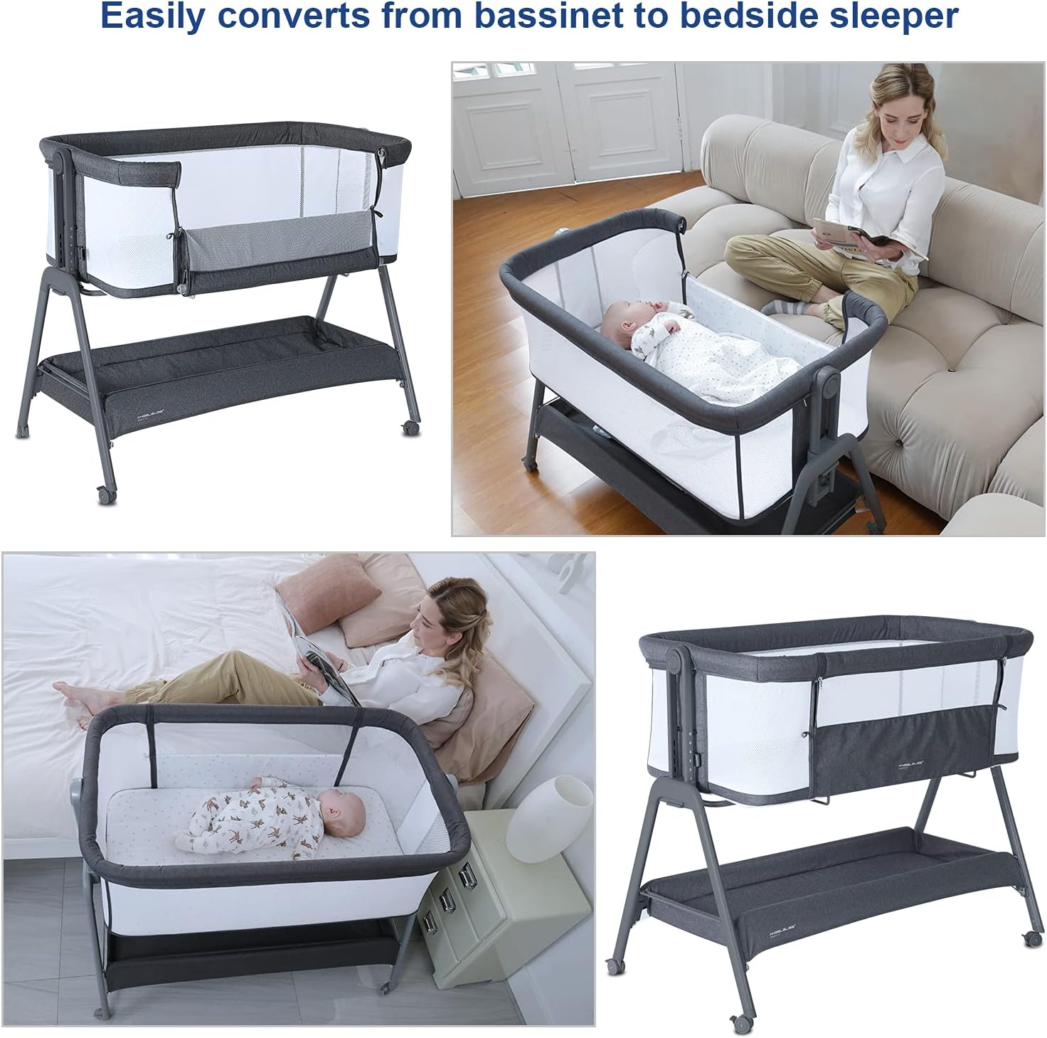 Baby Bedside Portable Bassinet BN06 grey easily converts