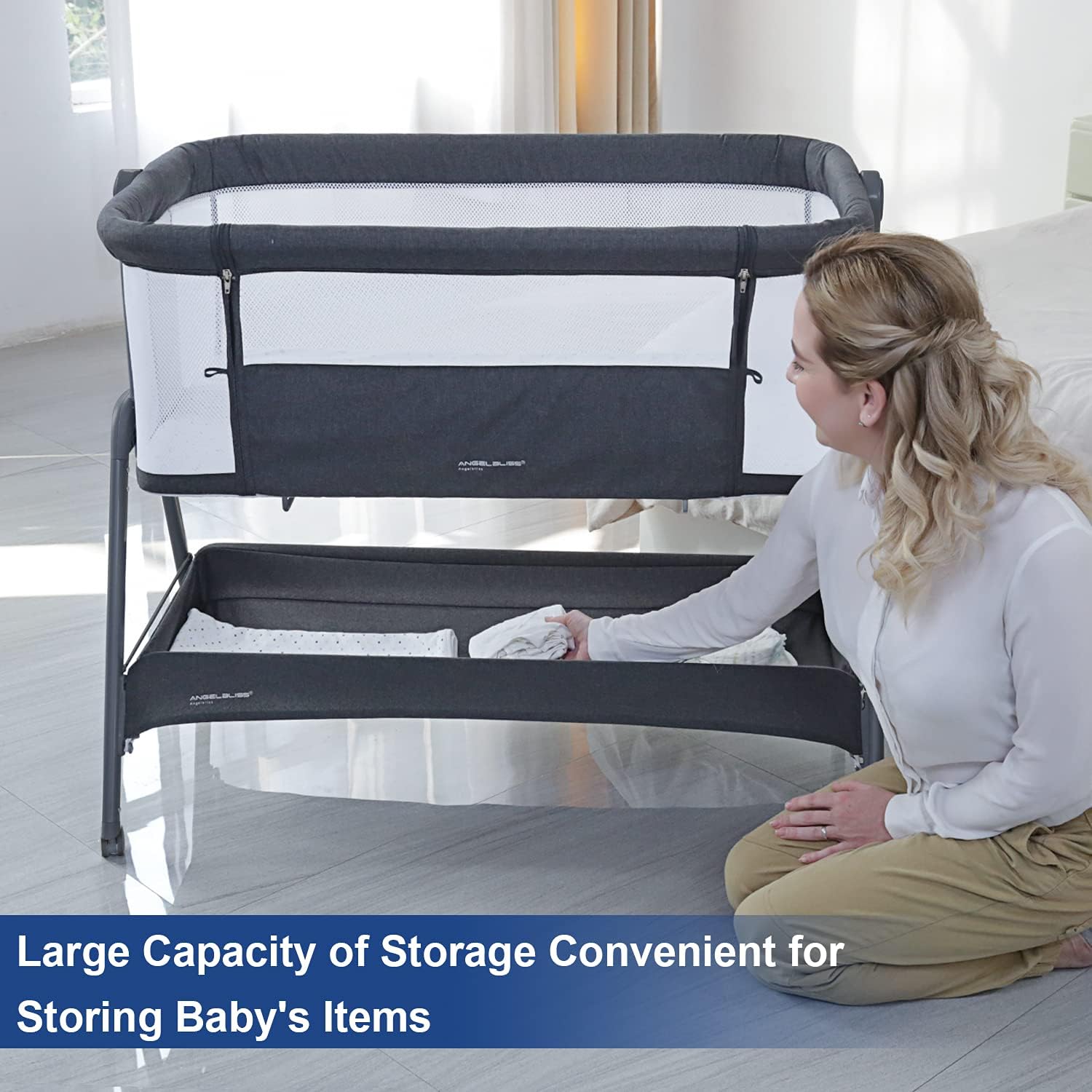 Baby Bedside Portable Bassinet BN06 grey large capacity of storage