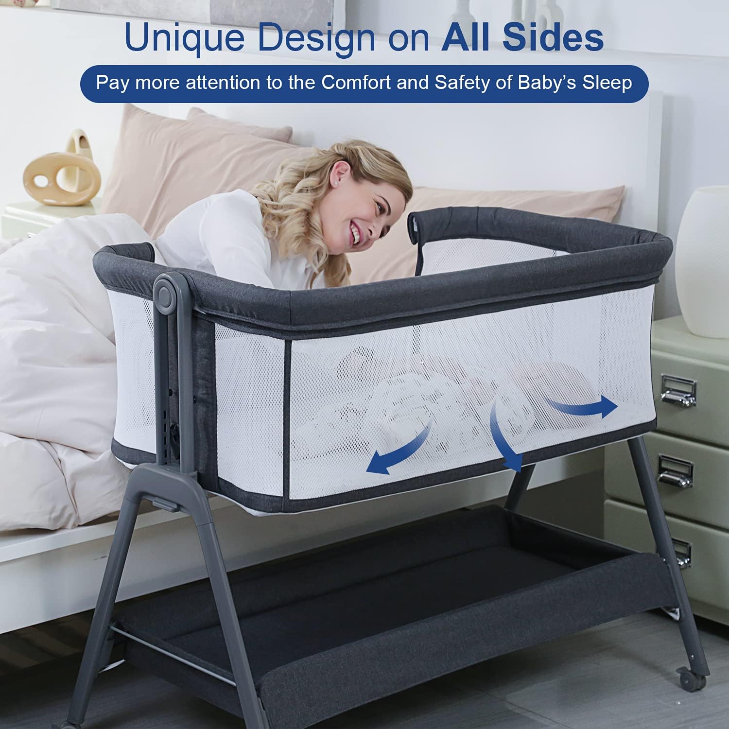 Baby Bedside Portable Bassinet BN06 grey unique design on all sides