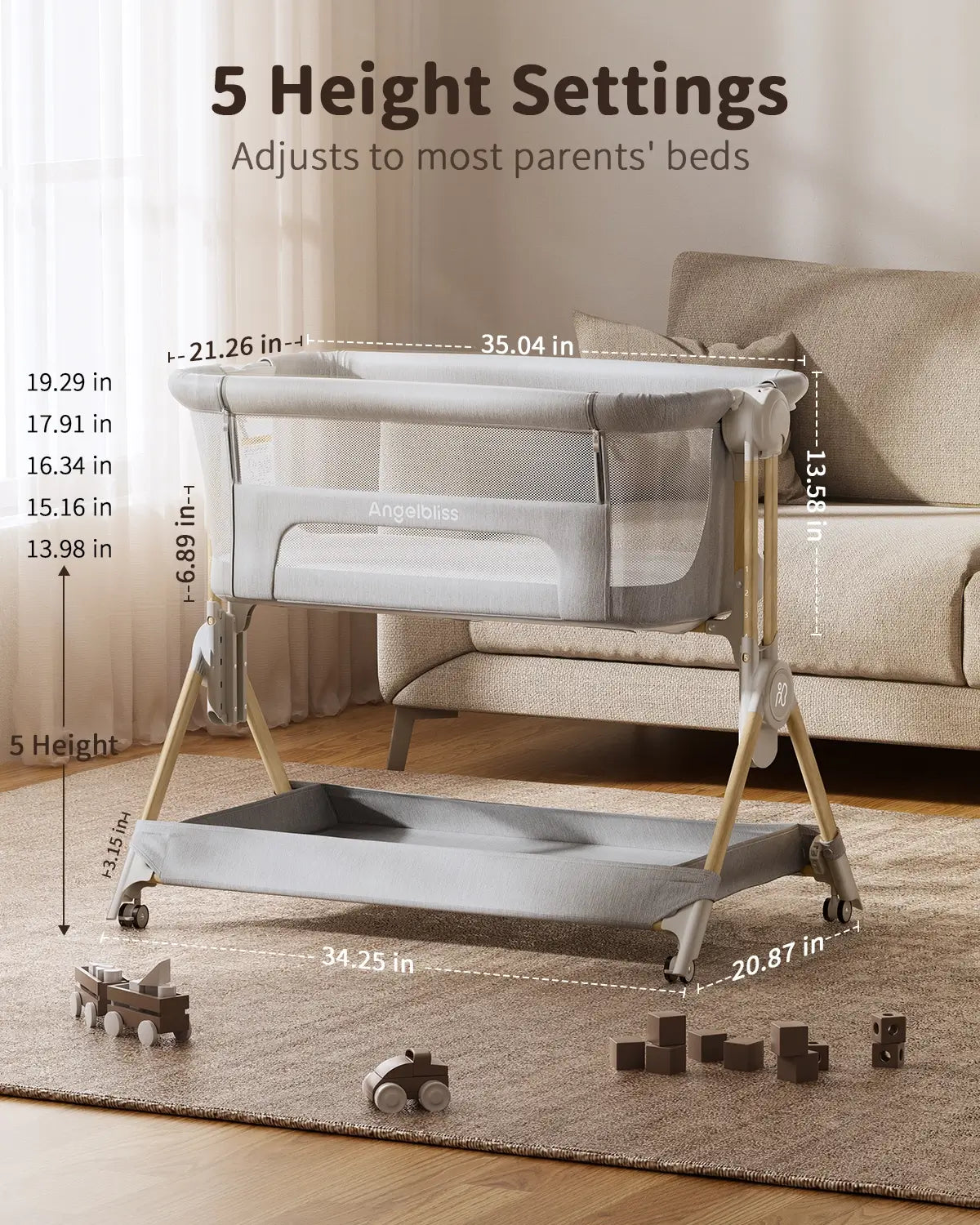 Angelbliss Protable Basinet BCR08 Easy to Fold Bedside Adjustable All Mesh-Grey