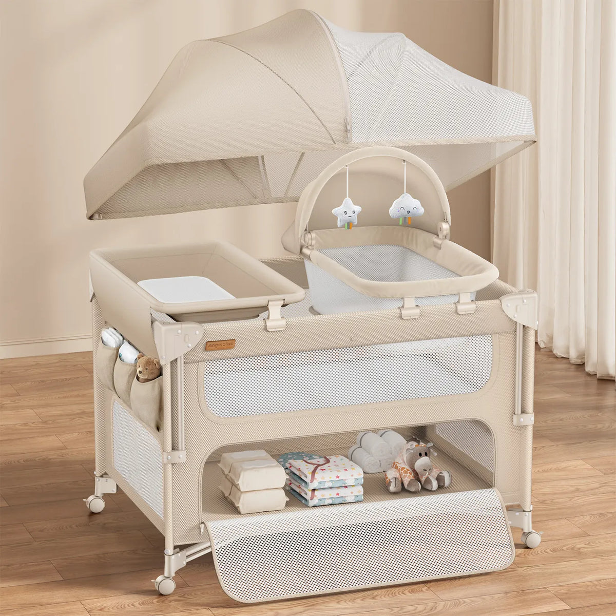 5-in-1 Baby Bassinet Bedside Sleeper & Portable Playard with Changing Table, One-Push Fold | BCR03-PRO