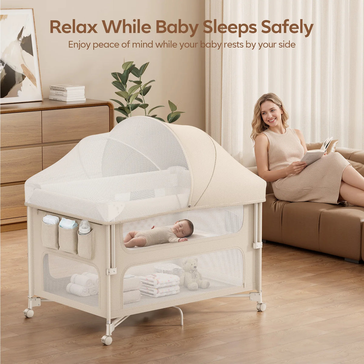 5-in-1 Baby Bassinet Bedside Sleeper & Portable Playard with Changing Table, One-Push Fold | BCR03-PRO