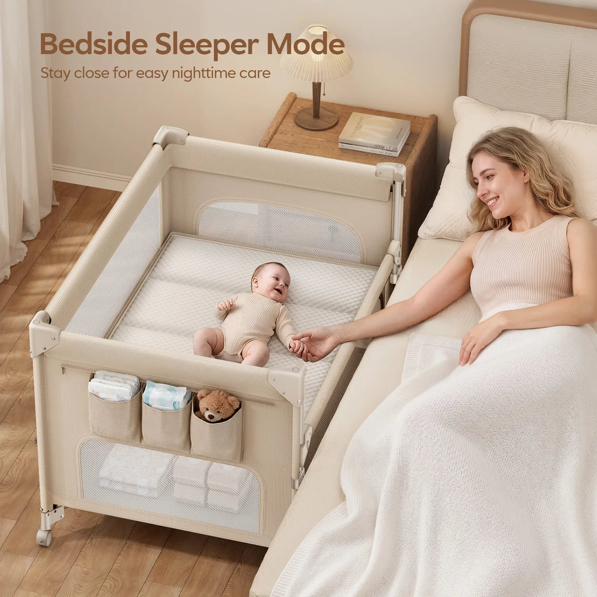 5-in-1 Baby Bassinet Bedside Sleeper & Portable Playard with Changing Table, One-Push Fold | BCR03-PRO