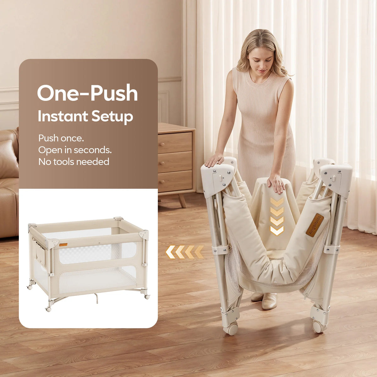 5-in-1 Baby Bassinet Bedside Sleeper & Portable Playard with Changing Table, One-Push Fold | BCR03-PRO