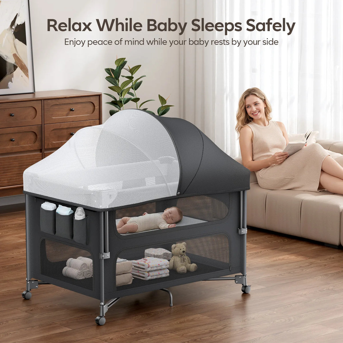 5-in-1 Baby Bassinet Bedside Sleeper & Portable Playard with Changing Table, One-Push Fold | BCR03-PRO