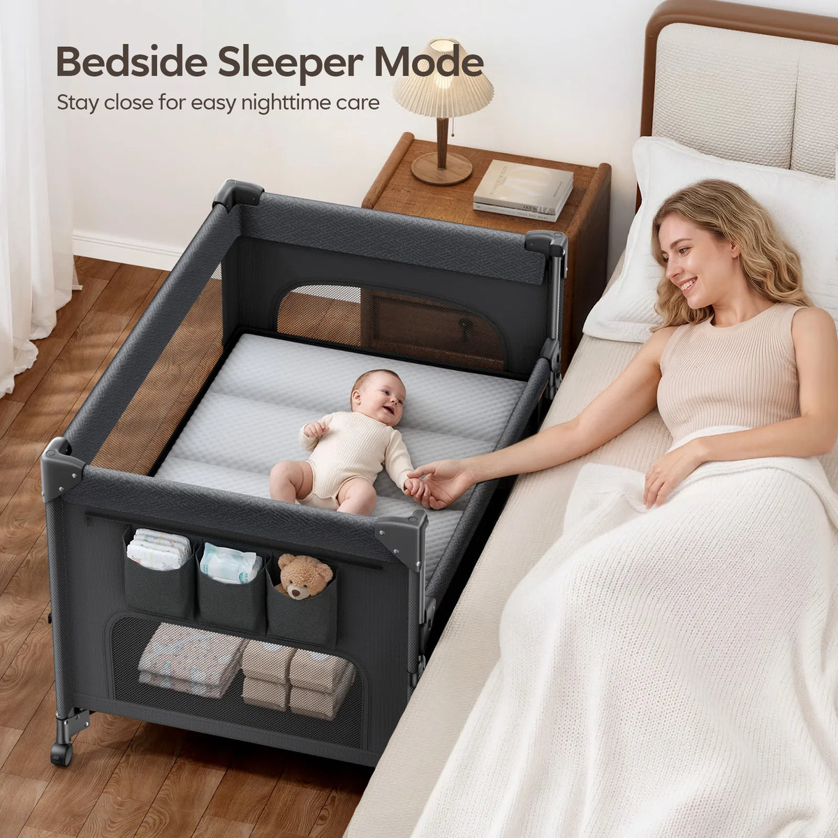 5-in-1 Baby Bassinet Bedside Sleeper & Portable Playard with Changing Table, One-Push Fold | BCR03-PRO