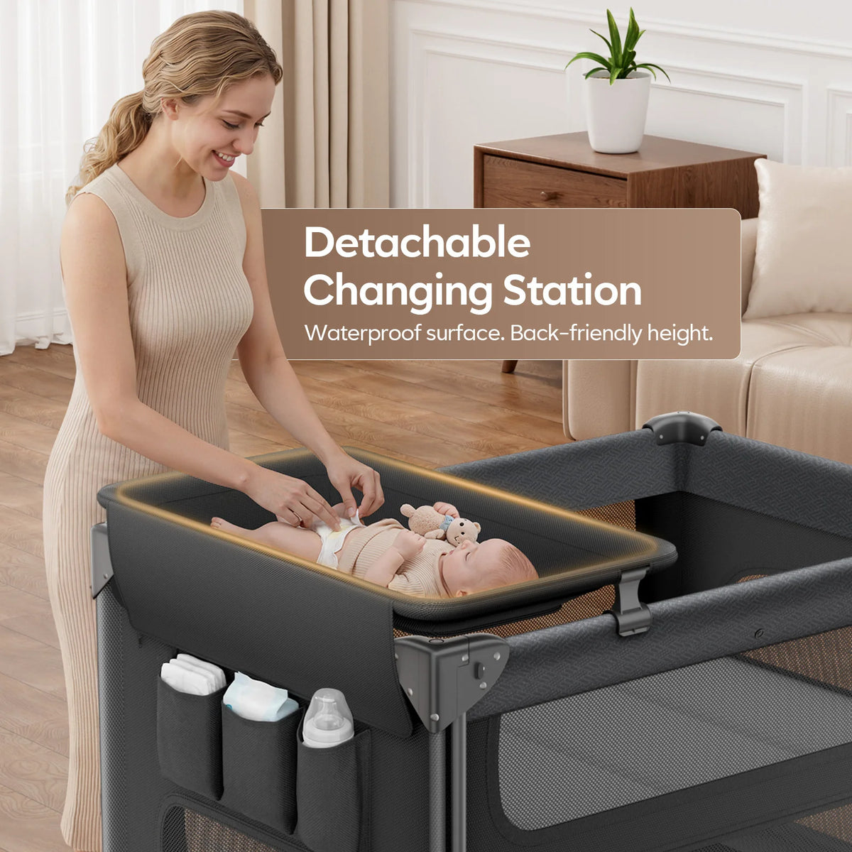5-in-1 Baby Bassinet Bedside Sleeper & Portable Playard with Changing Table, One-Push Fold | BCR03-PRO