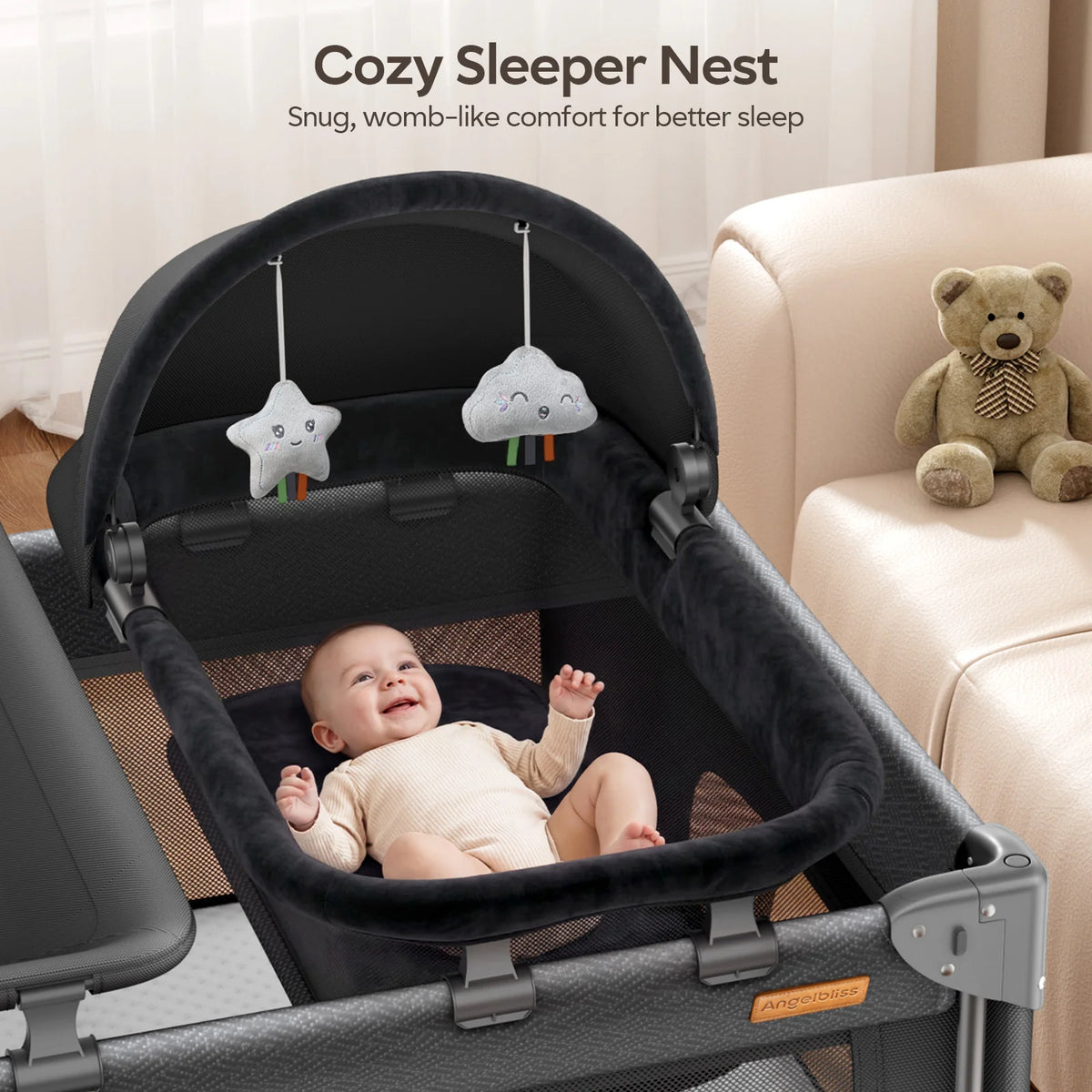 5-in-1 Baby Bassinet Bedside Sleeper & Portable Playard with Changing Table, One-Push Fold | BCR03-PRO
