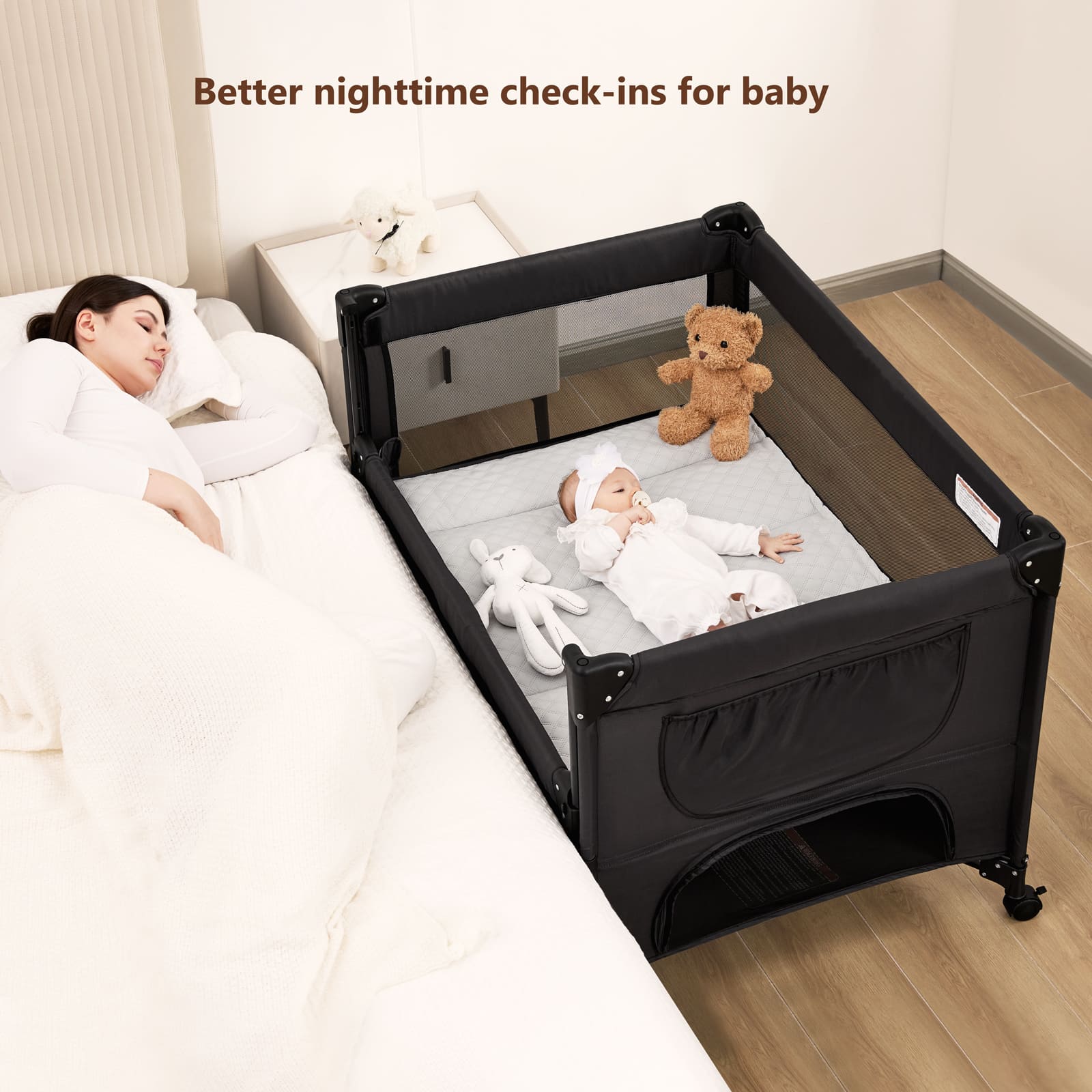 Angelbliss One-Push Setup Baby Bassinet Pack and Play - Bedside Crib with Diaper Changer BN11 Black Bedside Model