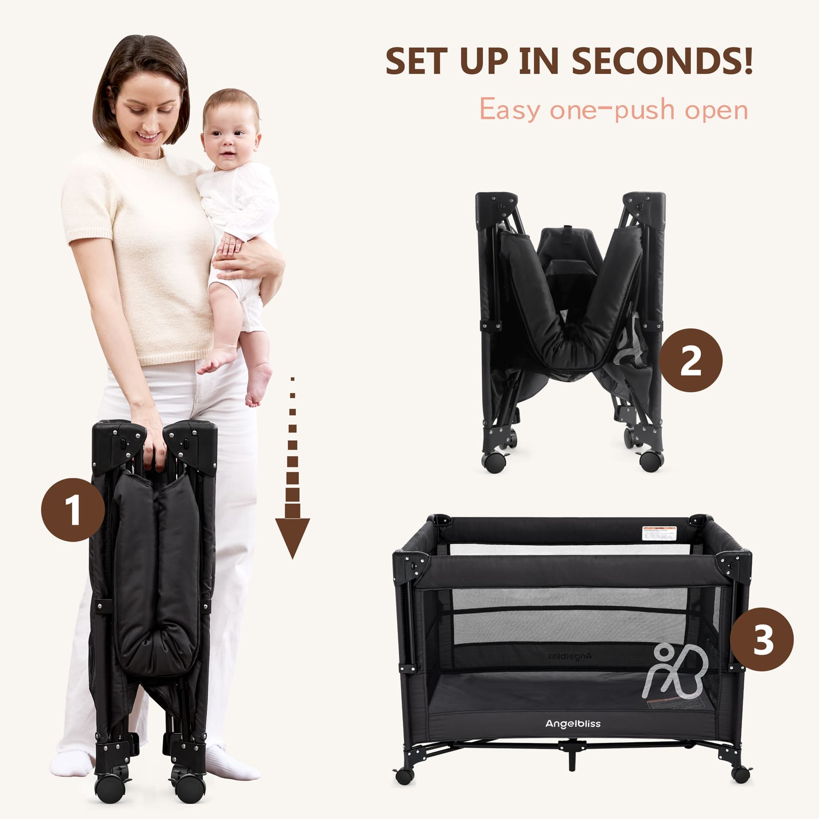 Angelbliss One-Push Setup Baby Bassinet Pack and Play - Bedside Crib with Diaper Changer BN11 Black Folding Storage