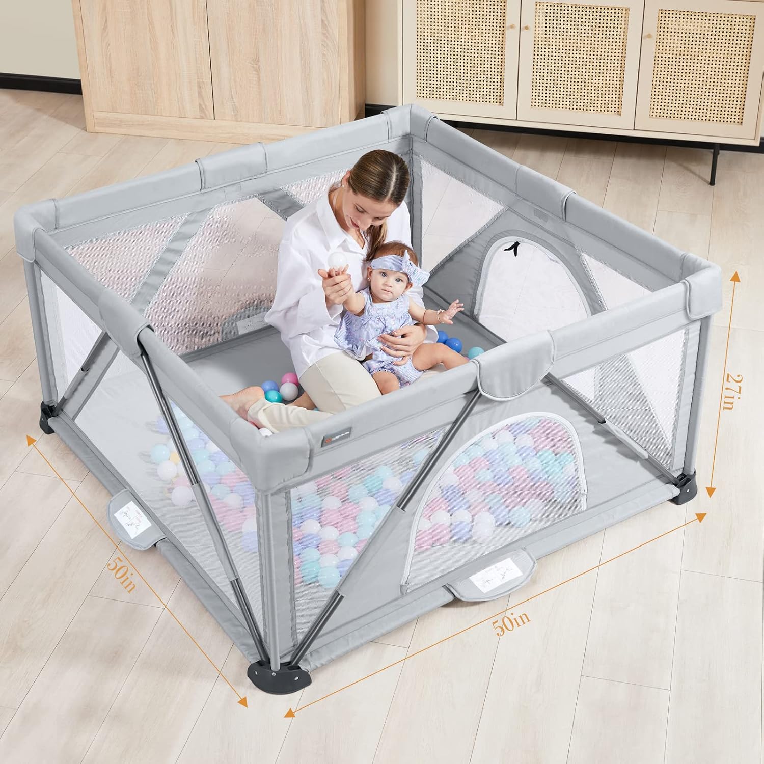 Foldable Playpen 50”×50”(Grey) BP01