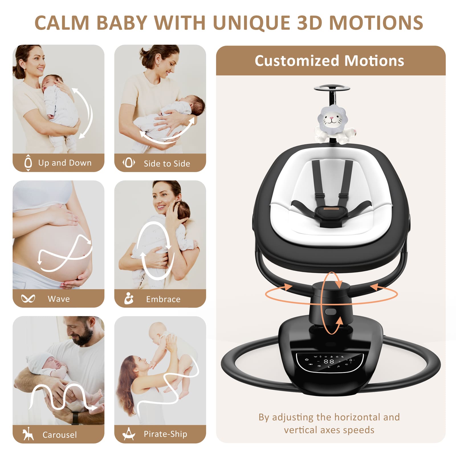 Baby Swing: 6 Unique 3D Motions, Bluetooth App, 13 Lullabies - Electric Infant Swing BS03
