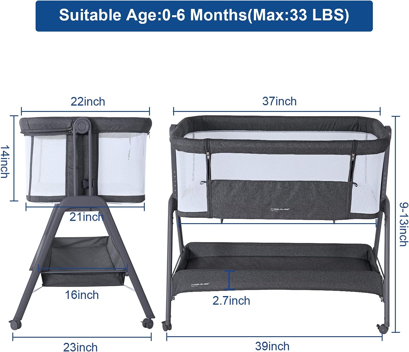 Baby Bedside Portable Bassinet BN06 grey suitable age