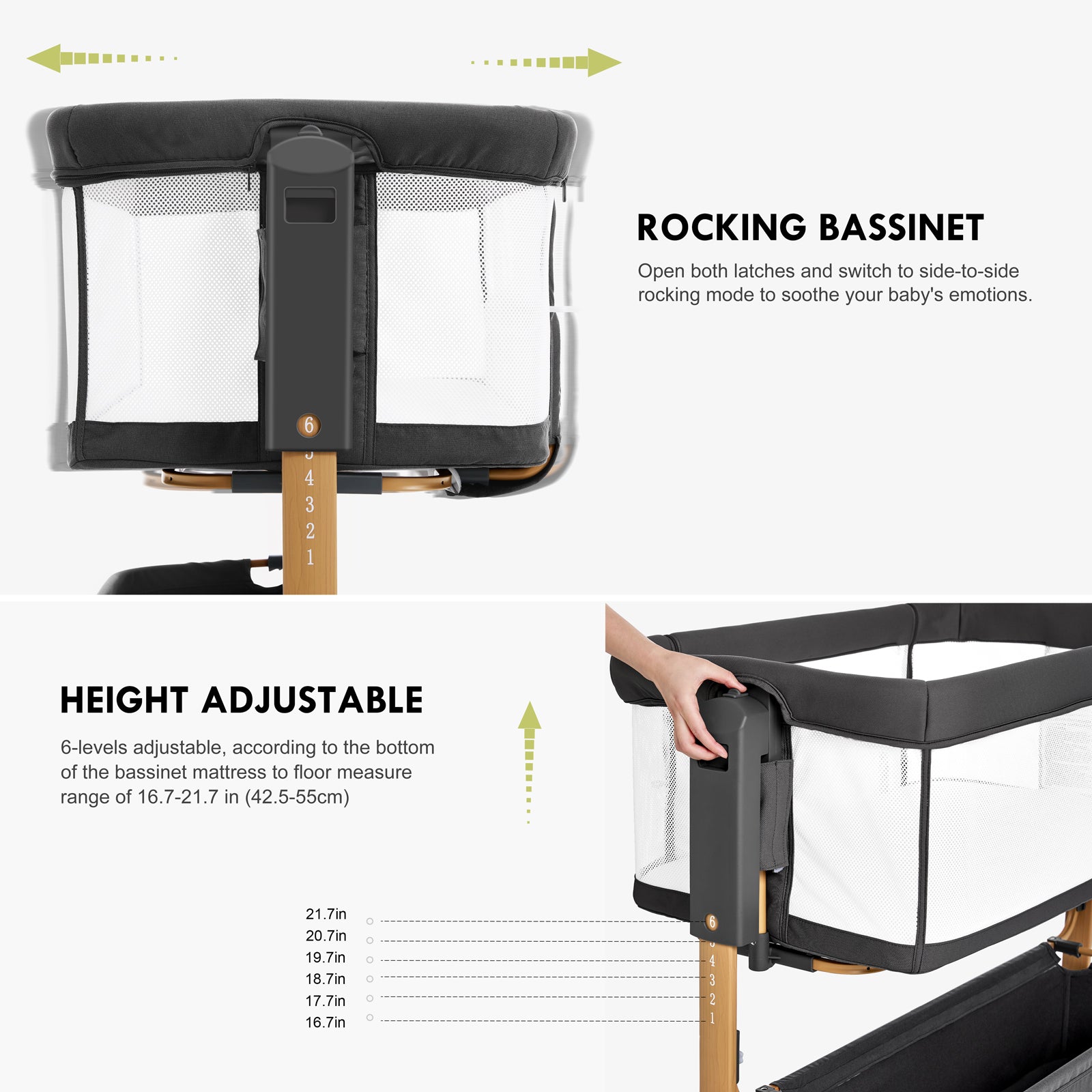 Taylengrow Baby Bassinet,3 in 1 Rocking Bedside Sleeper,6 Height Adjustable