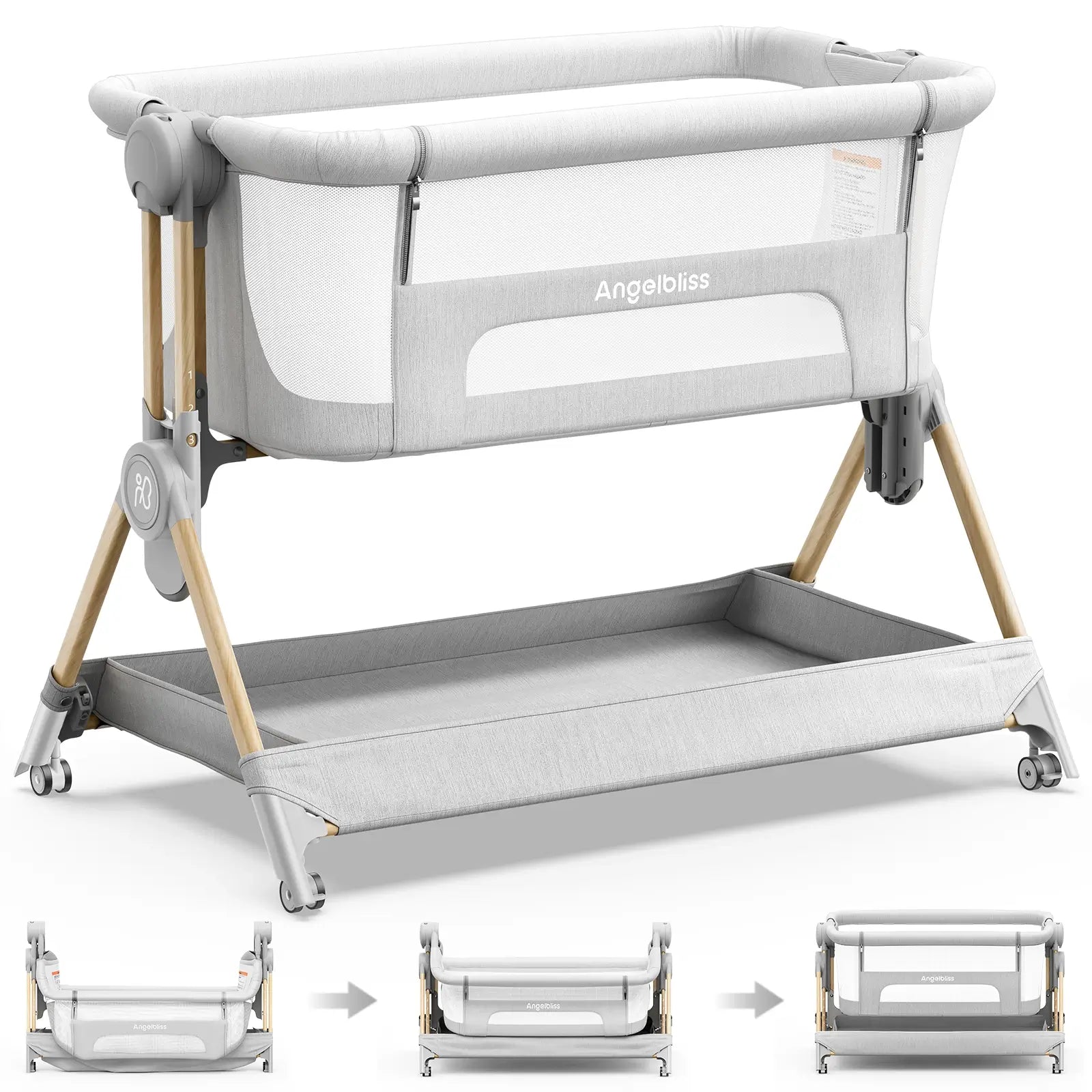 Angelbliss Protable Basinet BCR08 Easy to Fold Bedside Adjustable  All Mesh-Grey