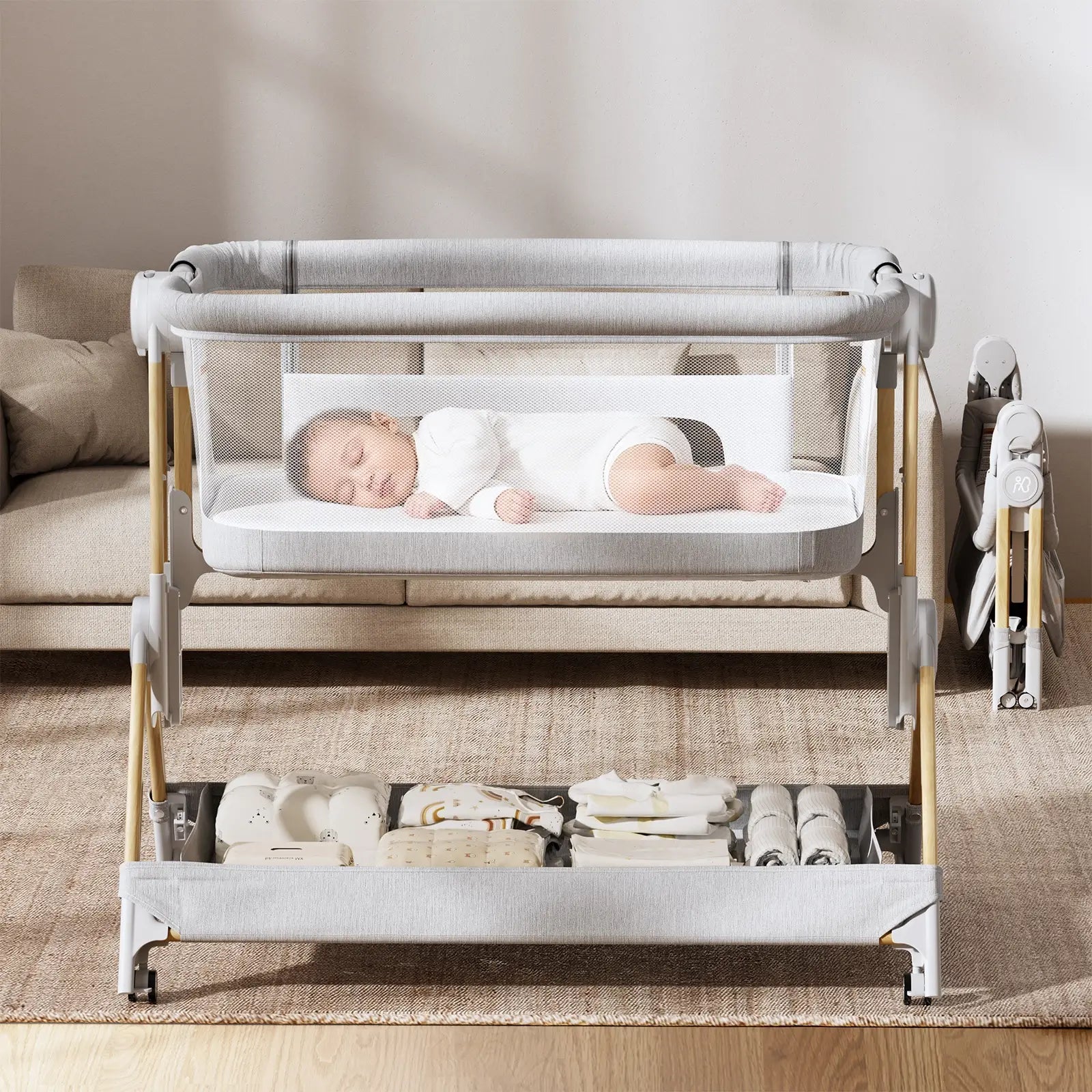 Angelbliss Protable Basinet BCR08 Easy to Fold Bedside Adjustable  All Mesh-Grey