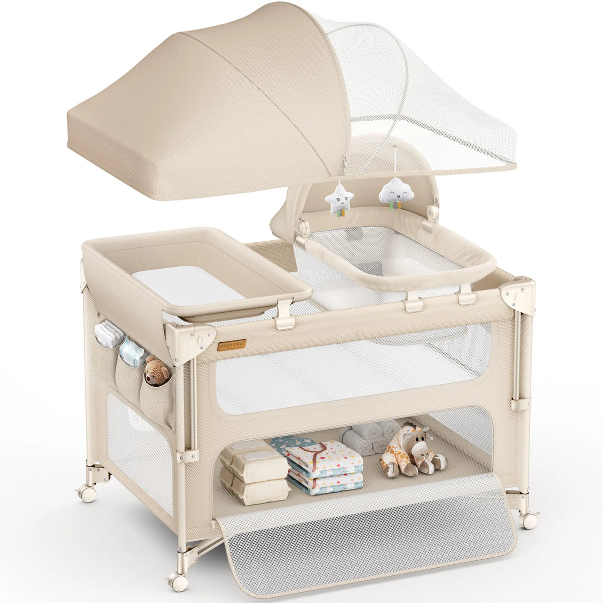 5-in-1 Baby Bassinet Bedside Sleeper & Portable Playard with Changing Table, One-Push Fold | BCR03-PRO