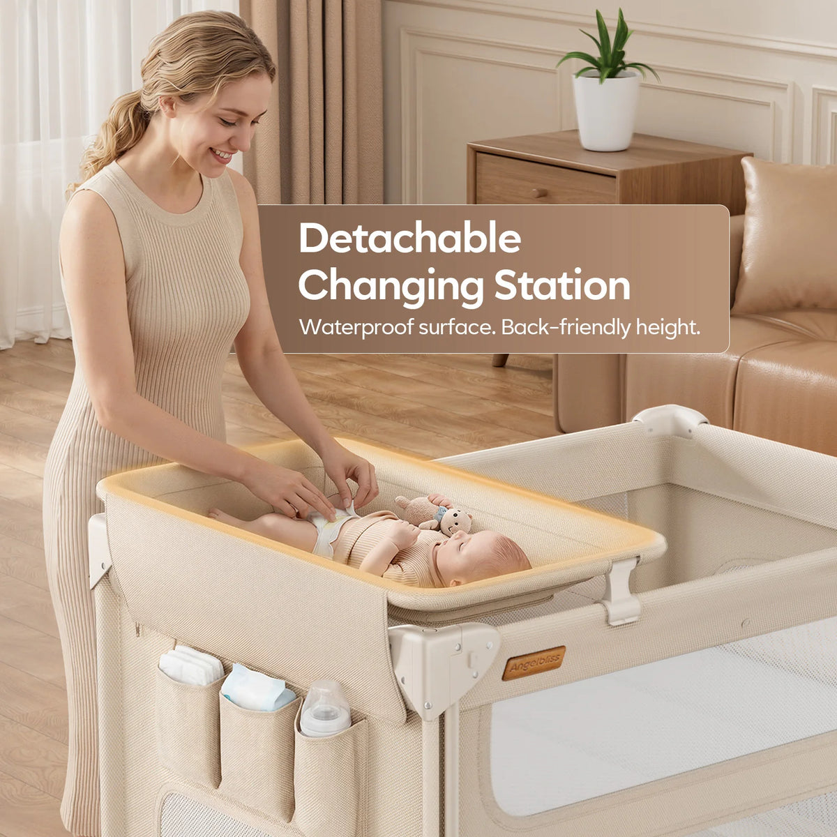 5-in-1 Baby Bassinet Bedside Sleeper & Portable Playard with Changing Table, One-Push Fold | BCR03-PRO