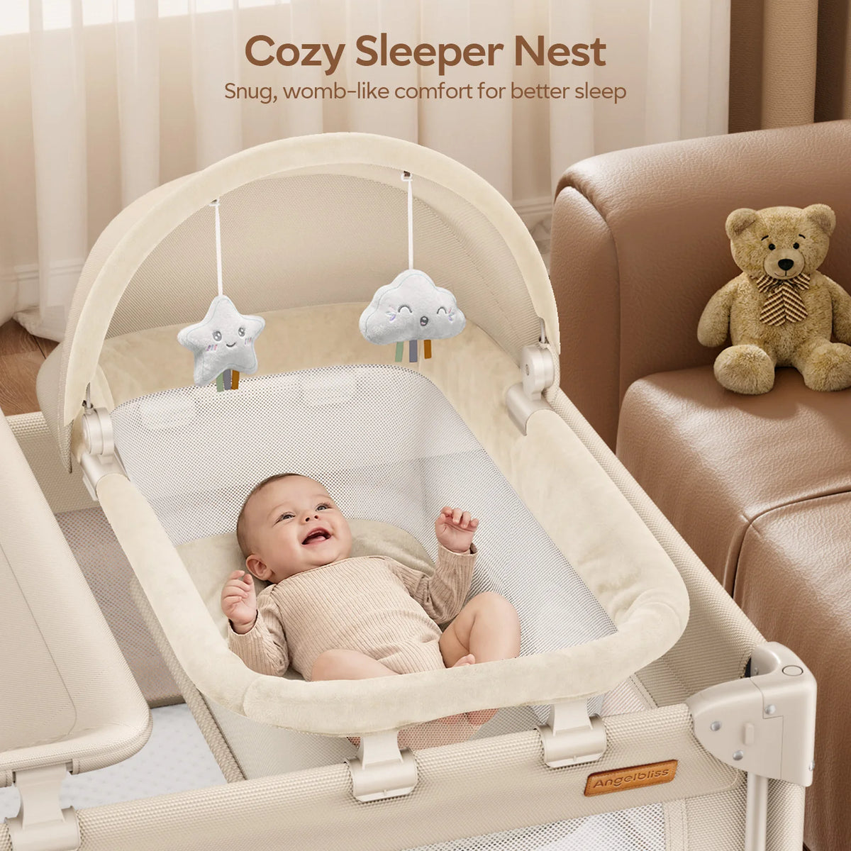 5-in-1 Baby Bassinet Bedside Sleeper & Portable Playard with Changing Table, One-Push Fold | BCR03-PRO