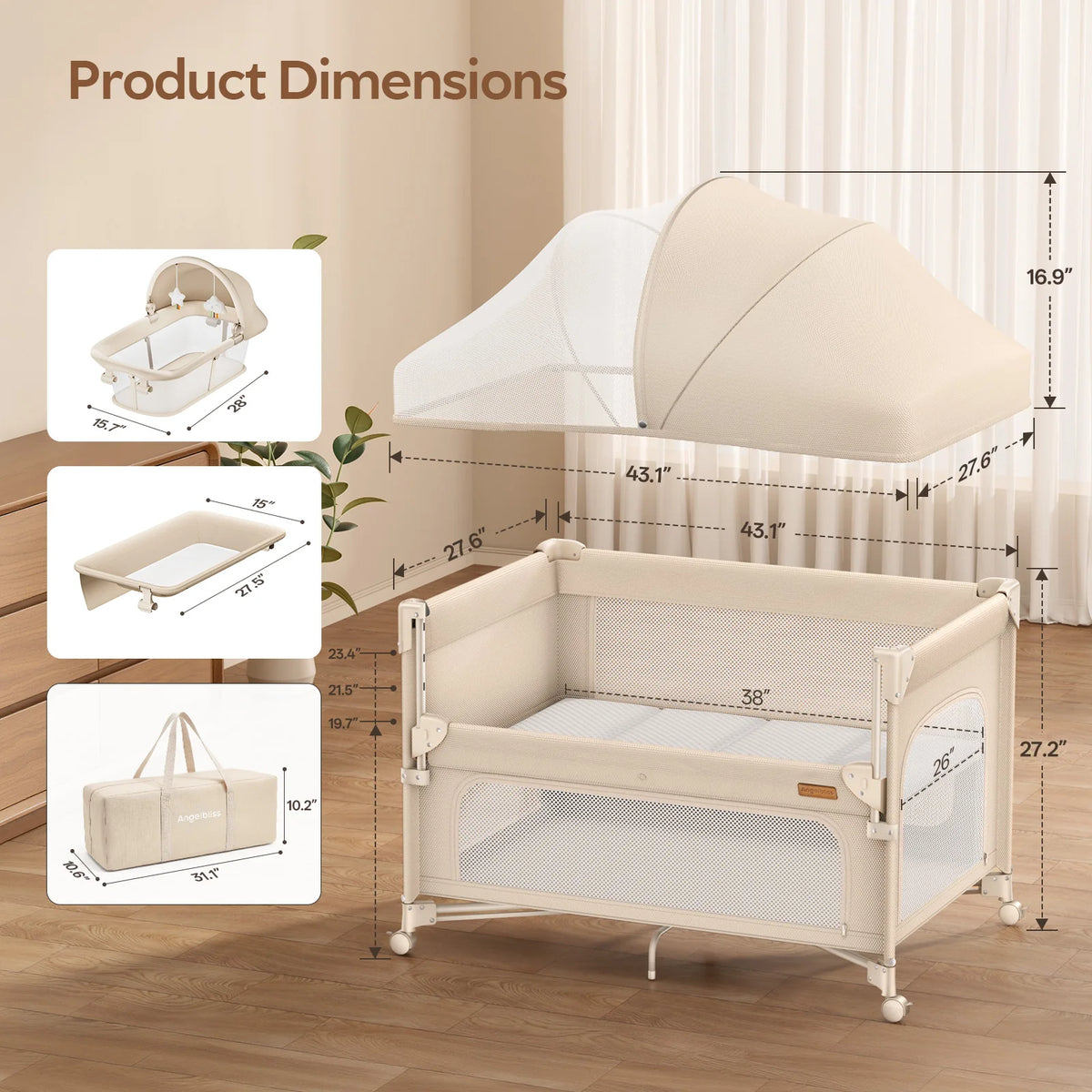 5-in-1 Baby Bassinet Bedside Sleeper & Portable Playard with Changing Table, One-Push Fold | BCR03-PRO