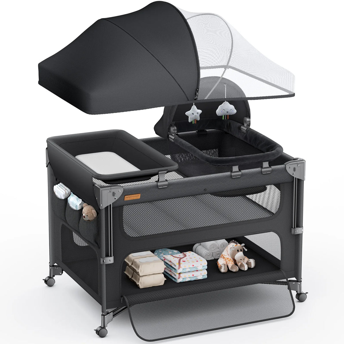 5-in-1 Baby Bassinet Bedside Sleeper & Portable Playard with Changing Table, One-Push Fold | BCR03-PRO
