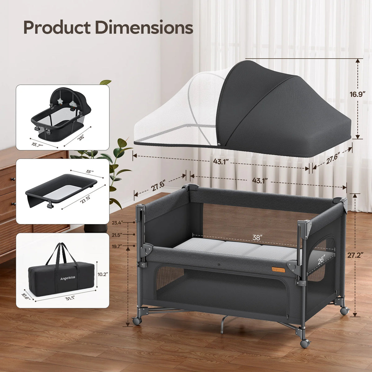 5-in-1 Baby Bassinet Bedside Sleeper & Portable Playard with Changing Table, One-Push Fold | BCR03-PRO